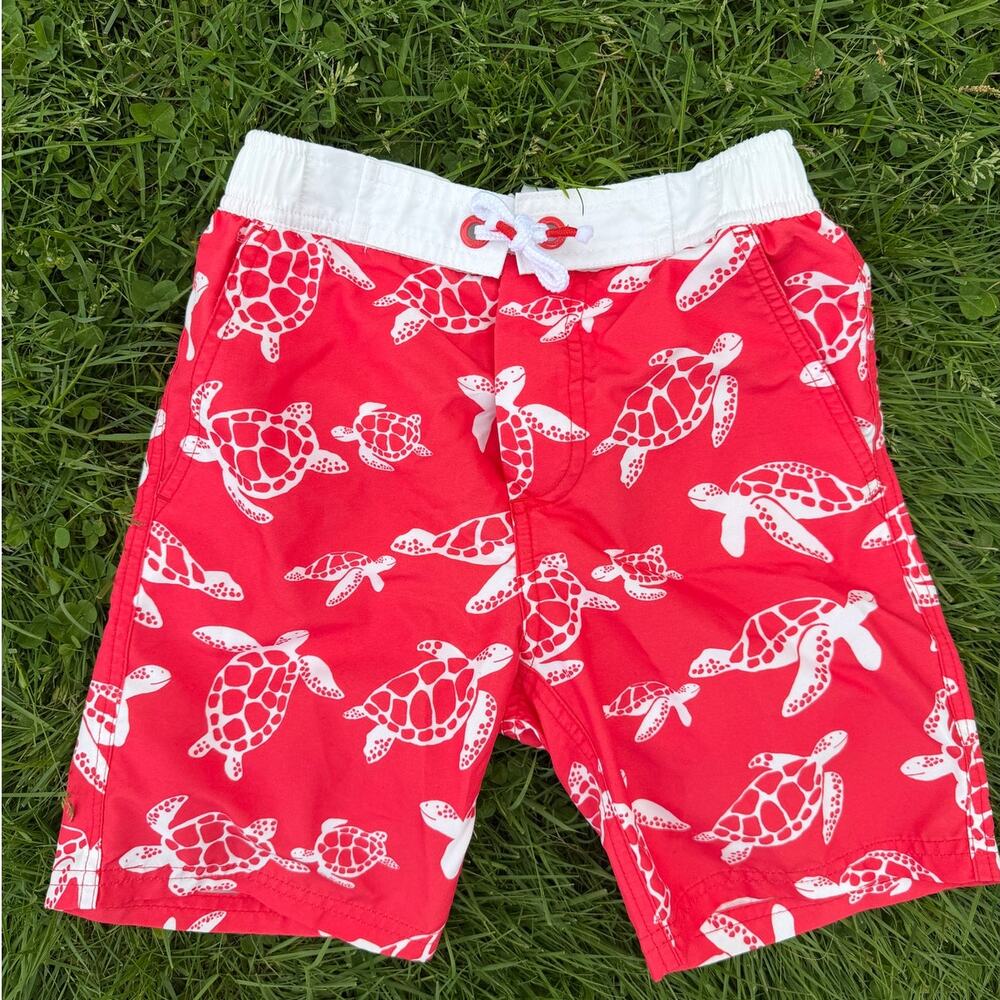 Boden Boys Swim Trunks Red Turtle Print Lined Elastic Waist (SZ 7-8)